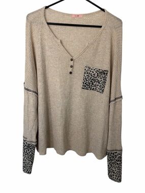 P.S. Love Beige Henley Top with Leopard Trim
